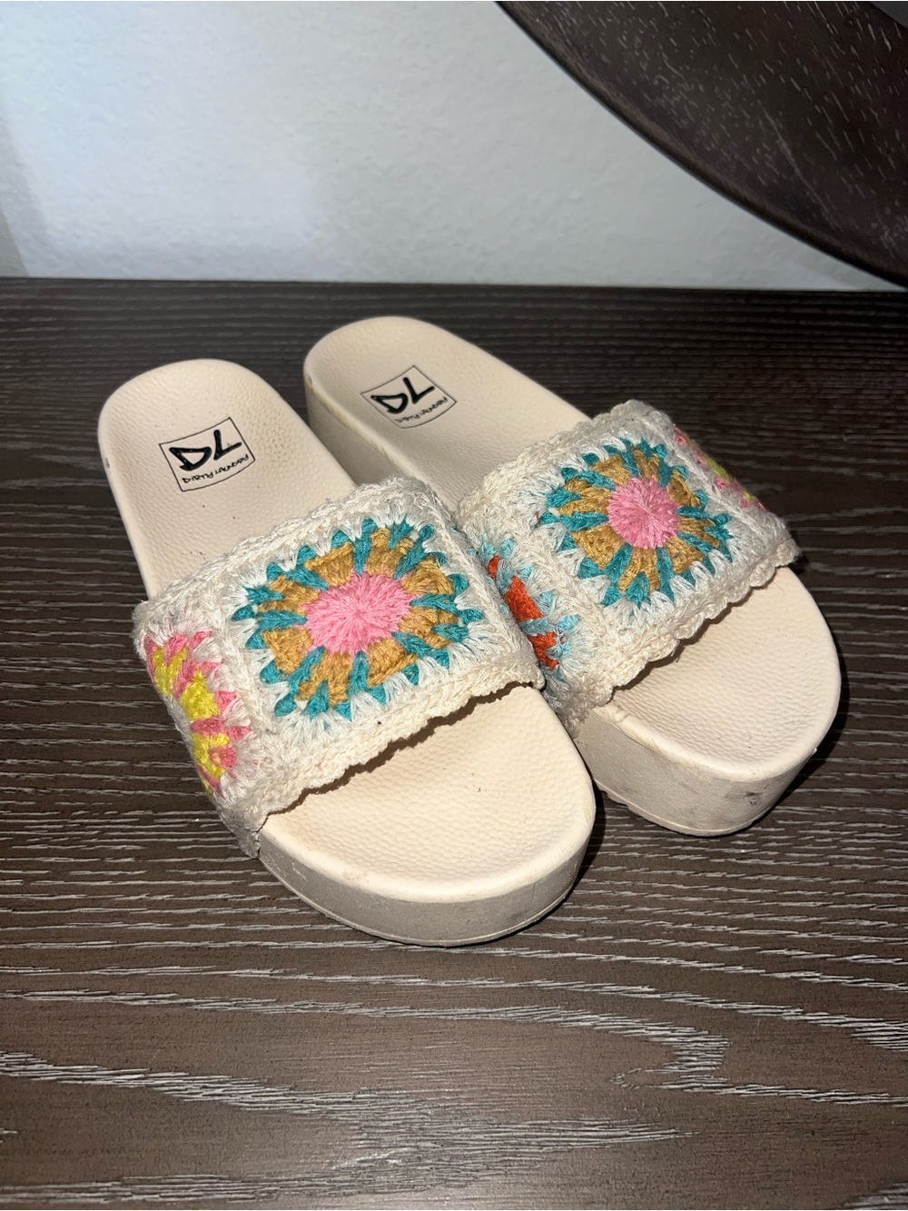 Dirty Laundry White Crochet Slide Sandals with Pink & Teal Flowers